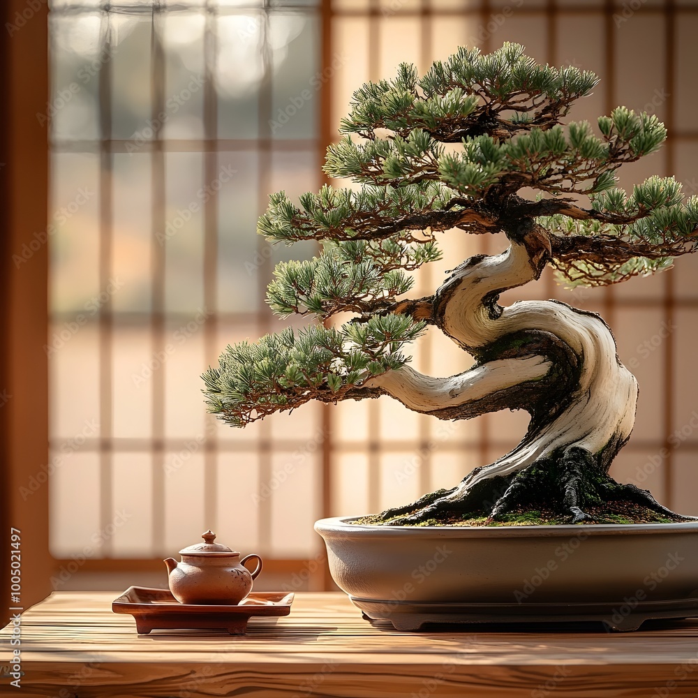 Poster a miniature pine bonsai tree with a twisted trunk, sitting on a wooden table in front of a window.