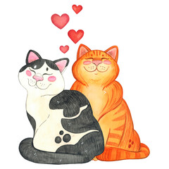 Template for postcard red cat and black and white cat on red hearts. Hand drawn watercolor illustration. Animals, cat, cat, heart