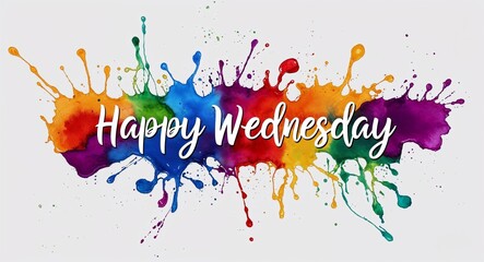 happy Wednesday word lettering on colorful paint watercolor splash on plain white background