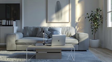 Modern living room with laptop on coffee table and comfortable grey sofa