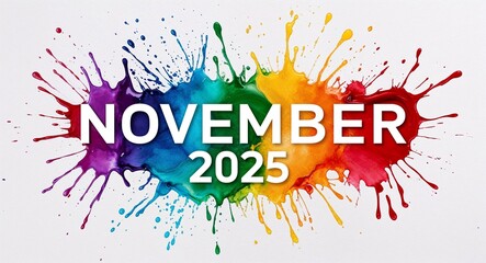 november 2025 word lettering on colorful paint watercolor splash on plain white background