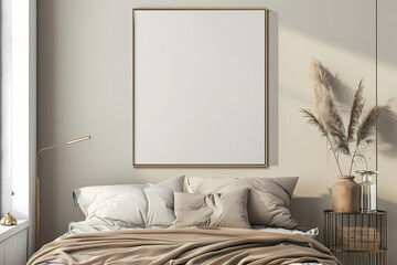A serene bedroom featuring a neutral color palette with layered bedding, a blank frame, and decorative pampas grass in stylish vases.
