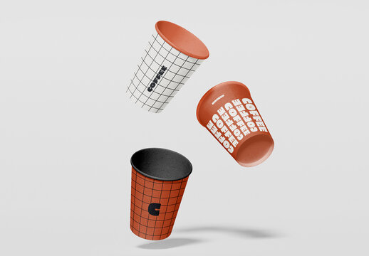 Three Floating Cardboard Coffee Cups Mockup