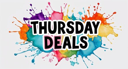 Thursday deals word lettering on colorful paint watercolor splash on plain white background