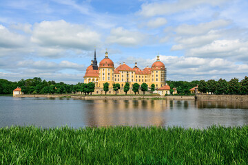 View of beautiful Moritzburg Castle with pond in Germany