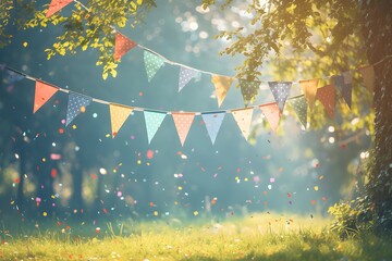Colorful bunting flags hanging on blurred natural background. Summer or autumn festival or birthday celebration concept. Party, event, picnic in park. Backdrop for design with copy space