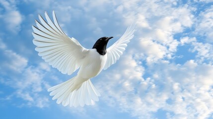Fototapeta premium Bare-throated Bellbird Flying in Nature under Blue Sky, Photo Realistic, Wallpaper, Cover and Screen for Smartphone, PC, Laptop, 9:16 and 16:9 Format