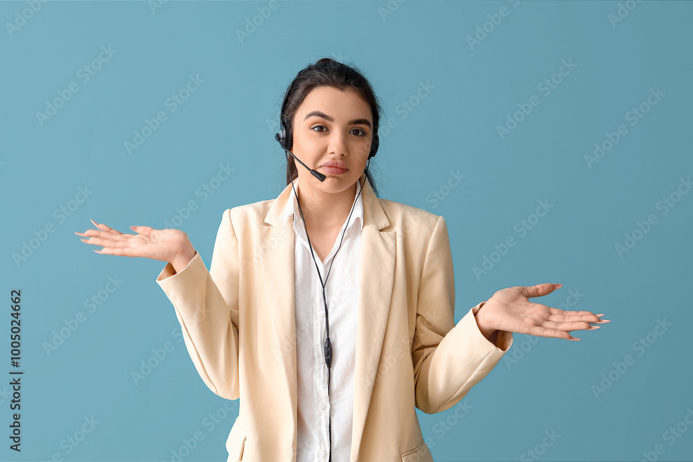 Poster Helpless female technical support agent on blue background