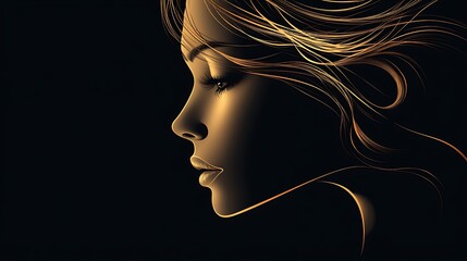 Naklejka premium Mysterious Woman Profile Silhouette with Golden Glow, Abstract Portrait Art