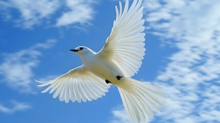 Obraz premium Bare-throated Bellbird Flying in Nature under Blue Sky, Photo Realistic, Wallpaper, Cover and Screen for Smartphone, PC, Laptop, 9:16 and 16:9 Format