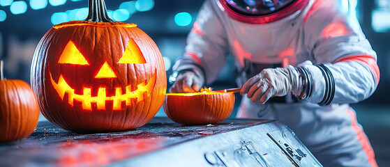Astronaut carving pumpkin for Halloween, showcasing creativity and fun.