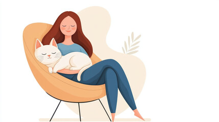 woman relaxes in chair with sleeping cat, radiating warmth and comfort.