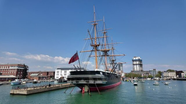 Portsmouth England UK.  17.07.2024. Video. HMS Warrior a  museum historic warship anchored alongside Portsmouth Historic dockyard UK