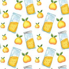 Seamless pattern of fruits from jam jars. Hand drawn watercolor illustration. For menus, labels, paper, textiles
