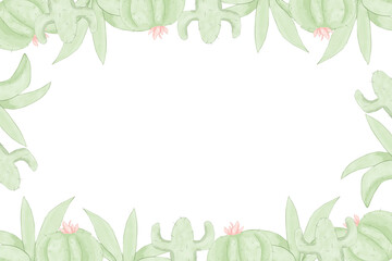 Horizontal frame with exotic plants and cacti copy space illustration watercolor without text for printing and web