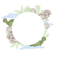 Wreath with children's illustration with dinosaurs, rocks, eggs and clouds copy space without text for printing and web