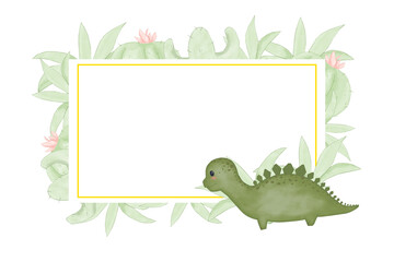 Template for banner or postcard with children's illustration, with green dinosaur, cacti and exotic plants copy space illustration without text for printing and web