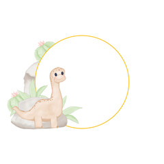 Template for banner or postcard with children's illustration, with dinosaur with long neck, cacti and exotic plants and stones copy space illustration without text for printing and web