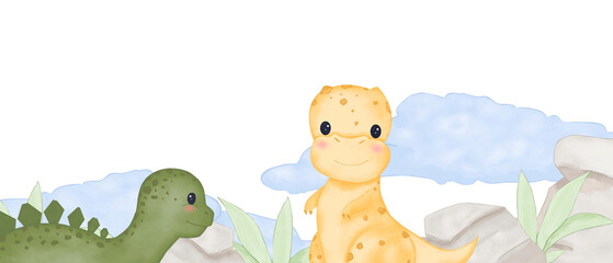 Background or backdrop border with children's illustration, with dinosaurs, cacti and exotic plants and stones copy space illustration without text for printing and web