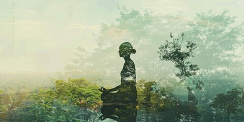 Fototapeta premium A double exposure image of a person meditating, with a serene natural landscape superimposed,