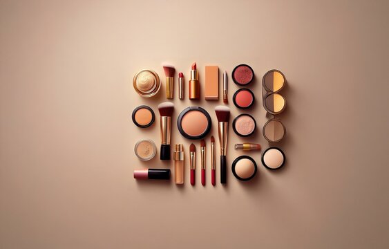 A collection of makeup products arranged on a flat surface in a grid-like formation.