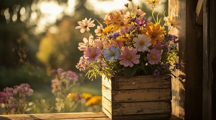 A wooden box with a variety of colorful flowers in it