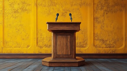 Wooden lectern podium with microphones in front of a yellow wall.
