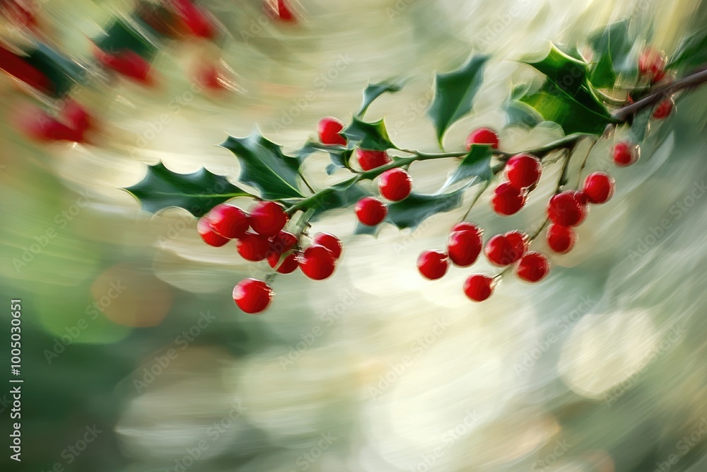 Canvas Prints Close-up of Holly Berries and Green Leaves in a Blurred Background