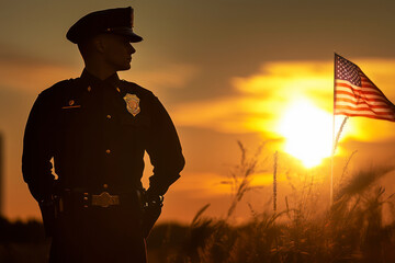Silhouette of police man with USA flag against the sunset.