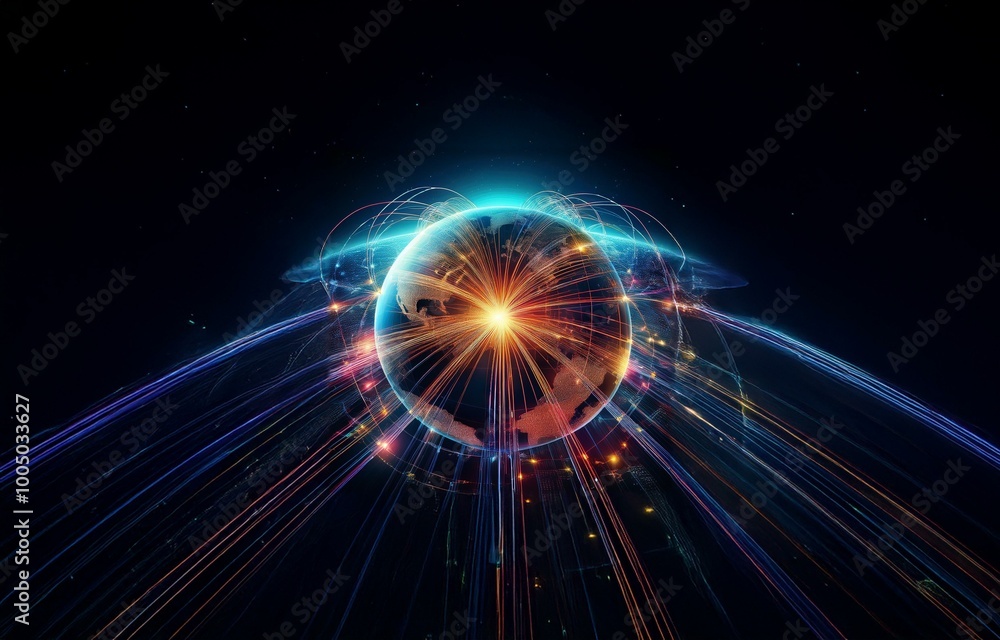 Wall mural a glowing, digitally rendered globe with bright lines emanating from its surface against a black bac