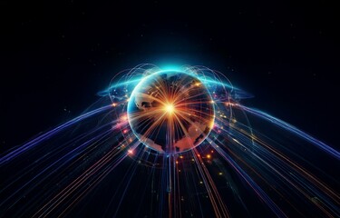 Fototapeta premium A glowing, digitally rendered globe with bright lines emanating from its surface against a black background.