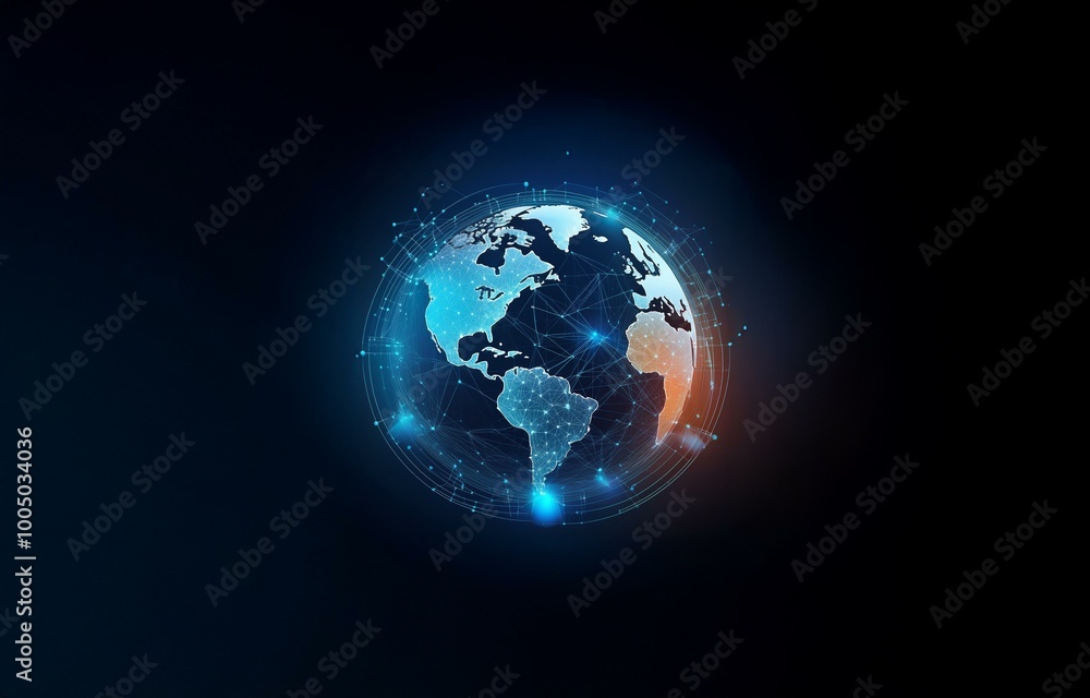 Poster a digital rendering of a glowing earth with a network of lines and dots.