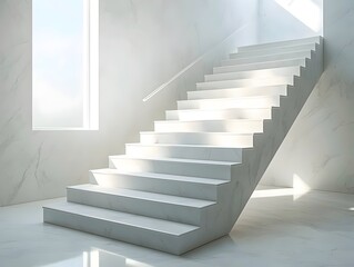 Fototapeta premium Modern white marble staircase with natural light streaming in, creating a minimalist and elegant design.