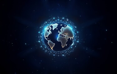 Fototapeta premium A digital representation of the Earth with a glowing blue grid and dots in the dark background.
