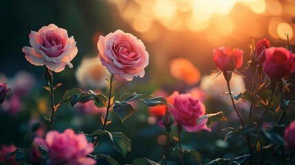 A field of pink roses with a bright sun in the background