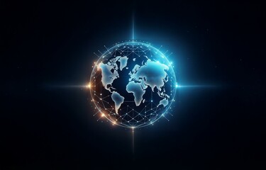 Fototapeta premium A glowing globe with a network of lines and nodes against a dark blue background.