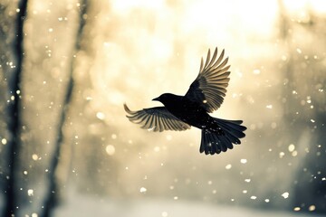 Obraz premium Silhouette of a Bird Flying Through Snowfall