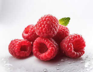 Fresh raspberries in a pile with water drops on a white background