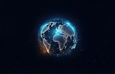 A stylized glowing blue and white 3D Earth sphere with a network of connecting lines on a dark blue background.
