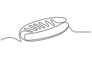 One line continuous hot dog fast food symbol concept. Silhouette of buns with sausage and mustard unhealthy snack. Digital white single line sketch drawing vector illustration