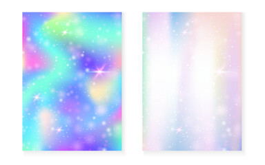 Princess background with kawaii rainbow gradient. Magic unicorn hologram. Holographic fairy set. Fluorescent fantasy cover. Princess background with sparkles and stars for cute girl party invitation.