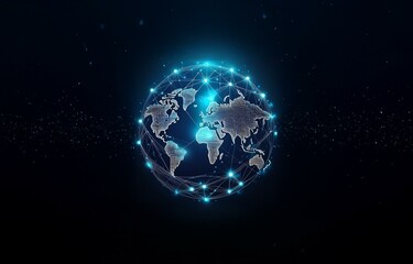 Fototapeta premium A glowing blue and white world map connected by lines and nodes.