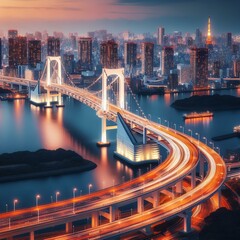 Fototapeta premium Aerial view of Tokyo cityscape and rainbow bridge at night, Japan.