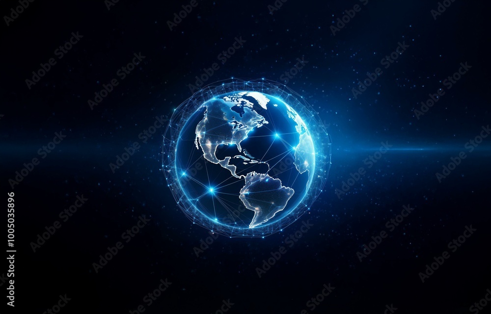 Canvas Prints a glowing blue earth with a web of connecting lines on a dark blue background.