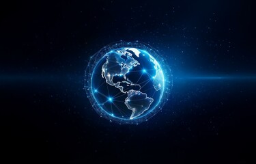 A glowing blue Earth with a web of connecting lines on a dark blue background.