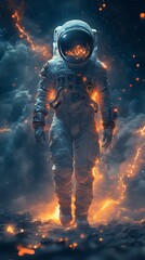 Fototapeta premium Astronaut on a fiery planet, digital art illustration, science fiction, space exploration