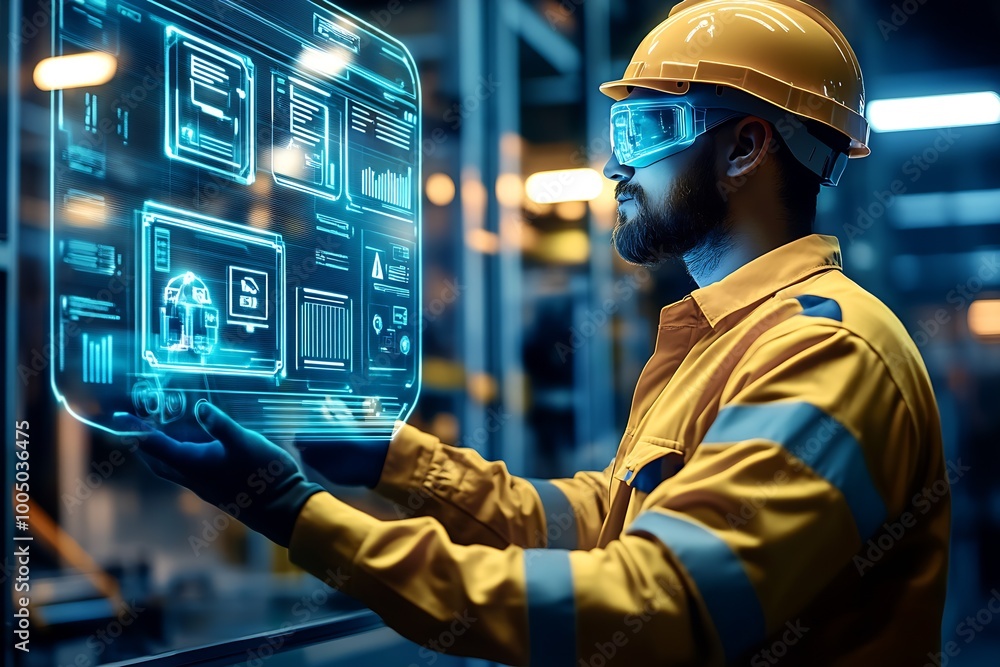 Poster engineer working in logistics center on maintanance with data holograms around objects : Generative AI