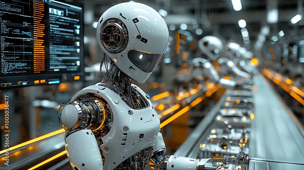 Poster art robotic production line, a gleaming tableau of industry and precision. : generative ai