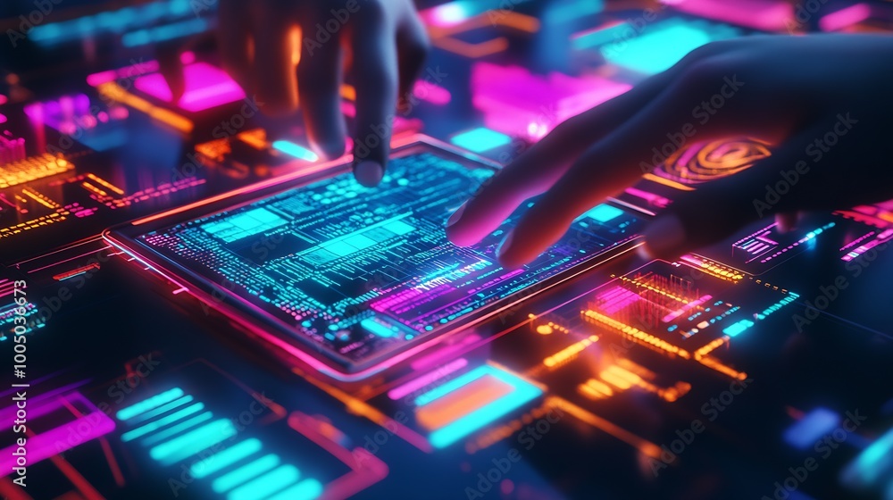 Poster high-tech laptop with colorful coding interface and web tools : Generative AI