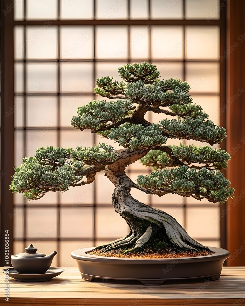 Poster A stunning bonsai tree with intricate branches and a weathered trunk, creating a sense of peace and tranquility.